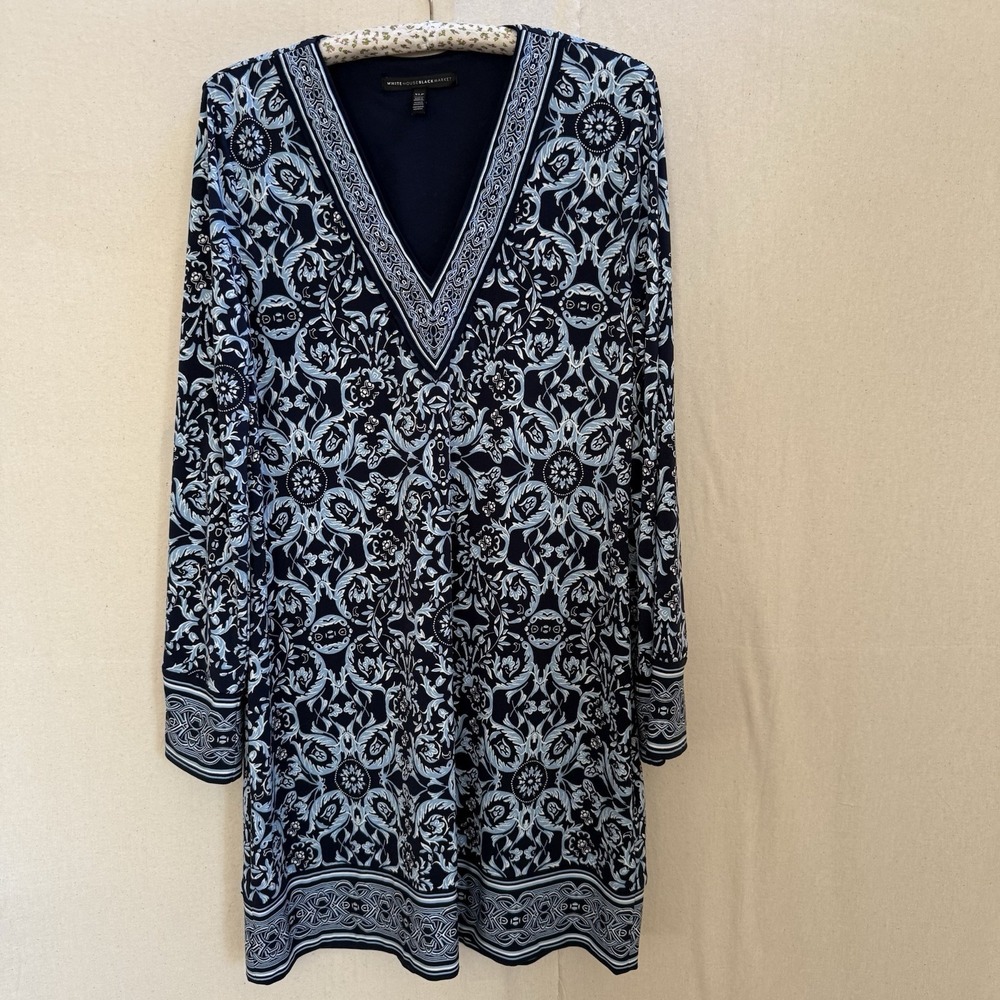 White House Black Market Sz XLP Blue Floral Print V Neck Long‎ Slv Shift Dress